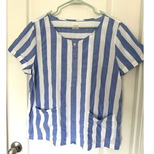 J.Crew Blue & White Striped Popover Cotton Pocket Top